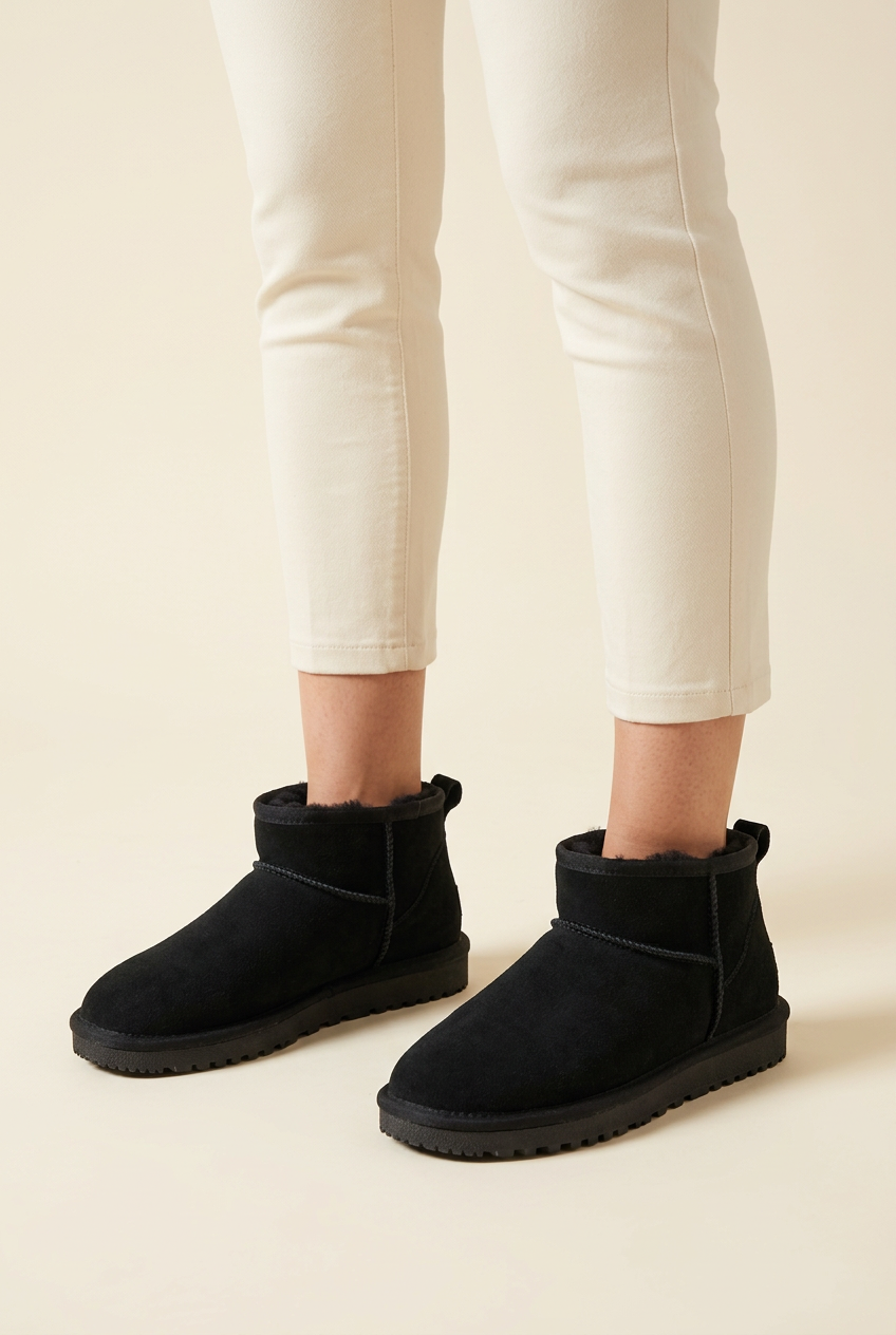 Scarpe 522 nere indossate dalla modella con piedi separati e non incrociati, su sfondo avorio