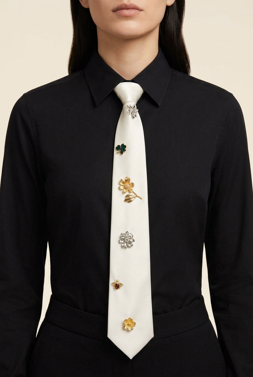 Cravatta chiara con charms indossata dalla modella