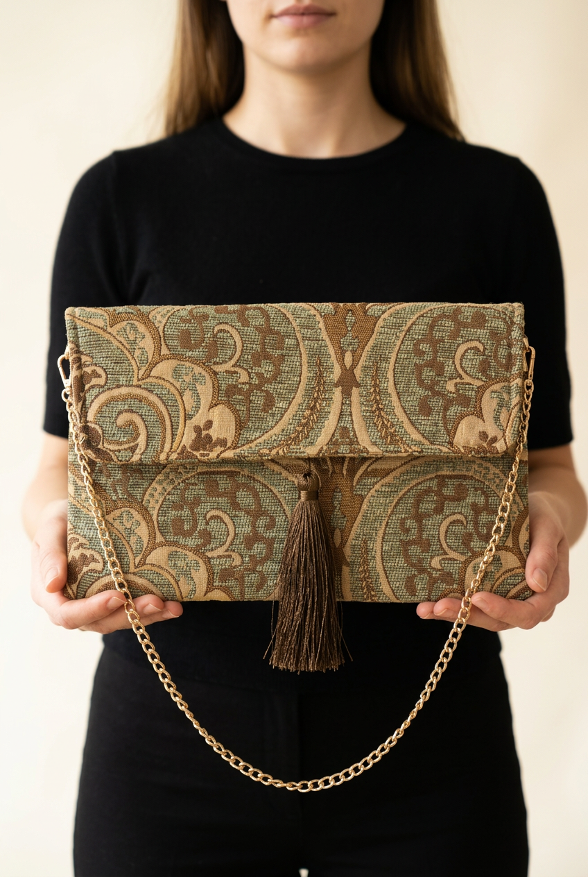 Pochette Arabesque portata dalla modella, primo piano